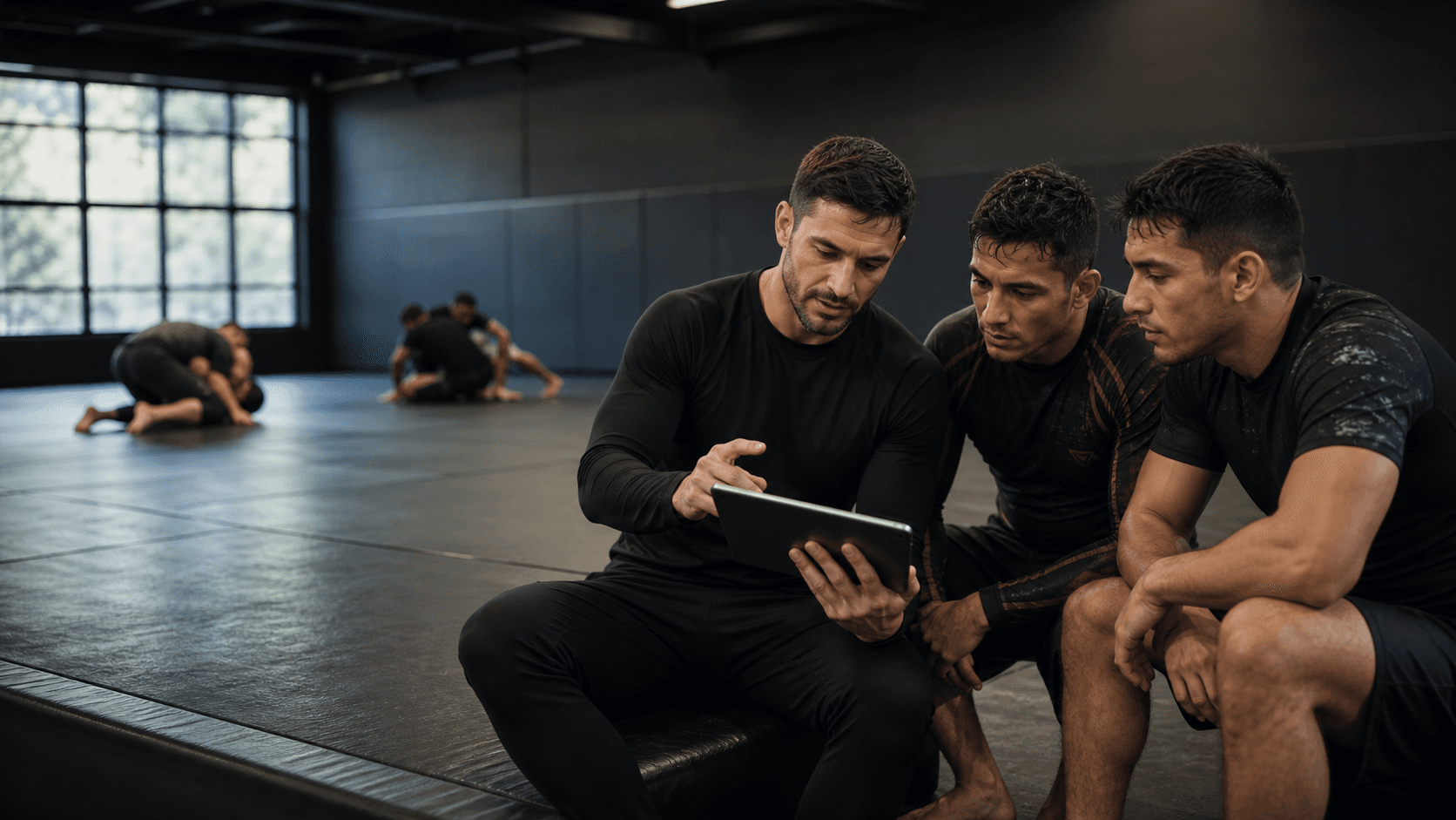 Coach reviewing competition rankings in a combat sports gym